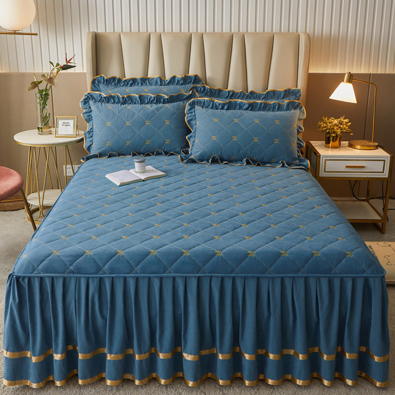 欧式蕾丝边纯色夹棉加厚床裙单件防滑床罩式加棉床垫防尘床围