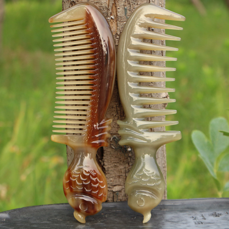 天然白牛角按摩手工雕刻梳子防静电密细齿粗大齿卷烫发梳长厘米