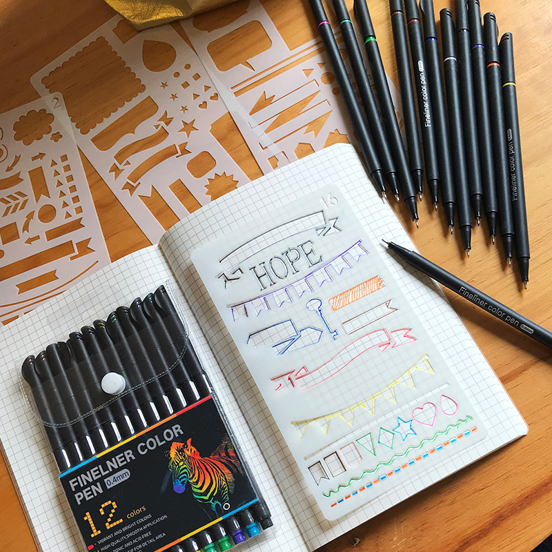 手抄报12色描边笔0.4mm极细彩色手账笔学生用美术勾线笔绘画套装