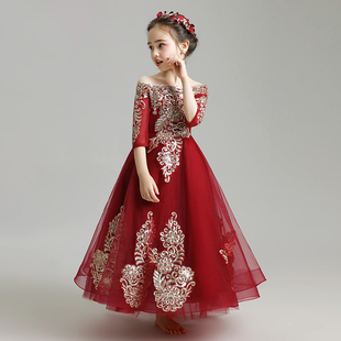 儿童晚礼服公主裙一字肩钢琴表演服女童主持人演出服模特走秀婚纱