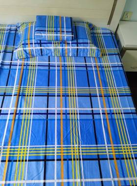 86M学0可定 做校F755J95H蓝格子厚纯棉加斜纹床单 被套蓝色格学生