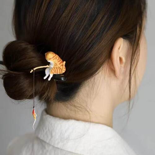 钓鱼猫黑檀木发簪子小众可爱女士发饰盘发日常简约现代少女古典簪