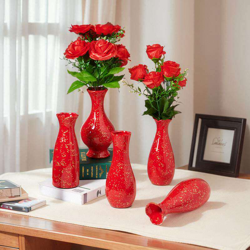 结婚喜庆新年乔迁中国红陶瓷花瓶摆件客厅婚房插花水培简约玄关