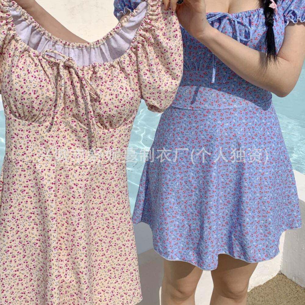 跨境外贸韩国风遮肉显瘦碎花连体比基尼小胸纯欲游泳衣女保守