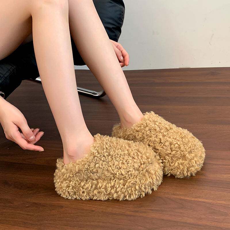 包头羊羔绒毛毛拖鞋女夏季外穿休闲新款厚底松糕网红加绒增高棉拖