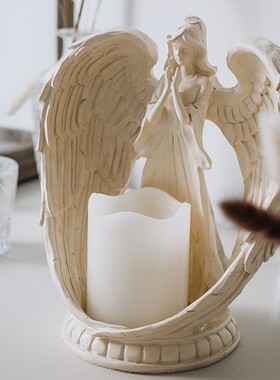 欧式复古做旧翅膀天使LED蜡烛台摆件美式人物雕像装饰小摆设礼物