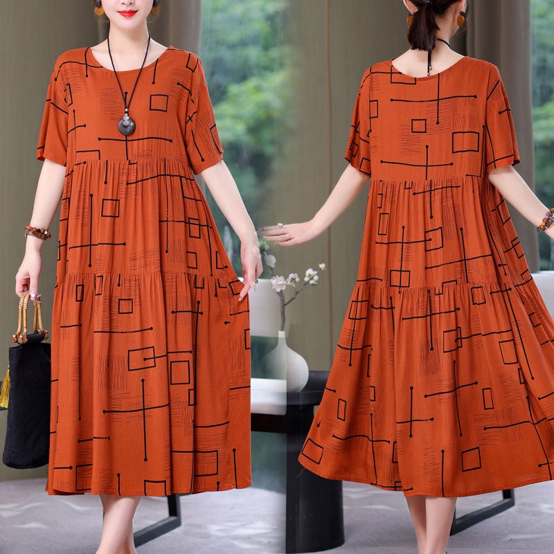 连衣裙女中长款妈妈夏装棉绸过膝长裙子中年女装大码短袖沙滩裙女