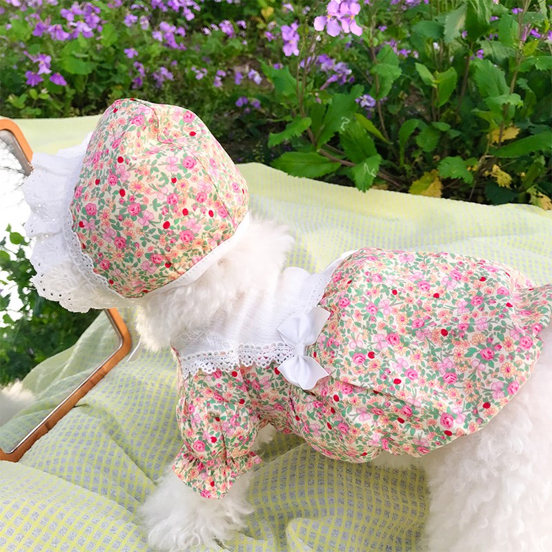 夏季碎花帽子套装宠物小狗狗猫咪泰迪博美比熊衣服春秋薄款小型犬