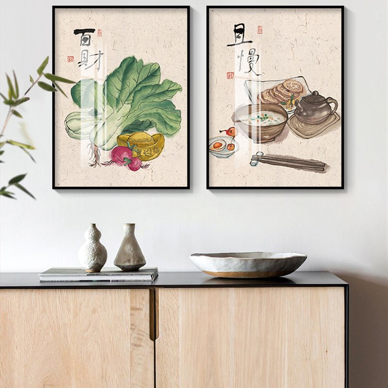 葫芦五福临门挂画新中式餐厅装饰画厨房玄关一碗烟火蒸蒸日上壁画