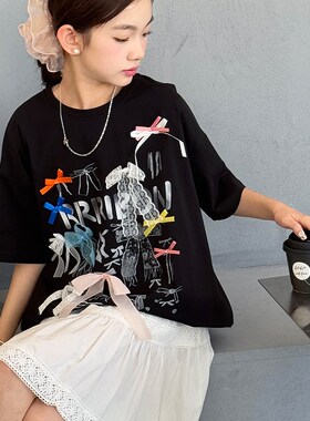 女童短袖T恤2025夏装新款儿童蝴蝶结飘带宽松上衣洋气女大童纯棉t