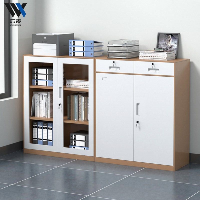 办公室边柜落地文件柜铁皮储物柜带锁档案柜抽屉玻璃书柜钢制柜子