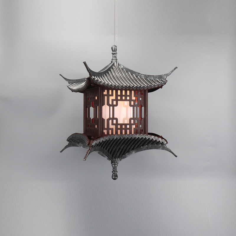 新中式仿古建筑吊灯模型摆件中国风凉亭楼阁客厅软装饰品灯具摆件