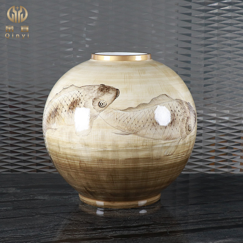 现代新中式古典彩绘鲤鱼陶瓷花器样板房间客厅玄关博古架花瓶摆件