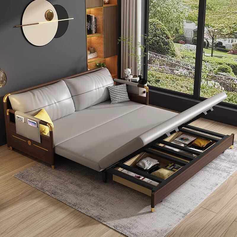 新中式实木沙发能床可折叠两用小户型厅多功储物推535带扶双拉伸