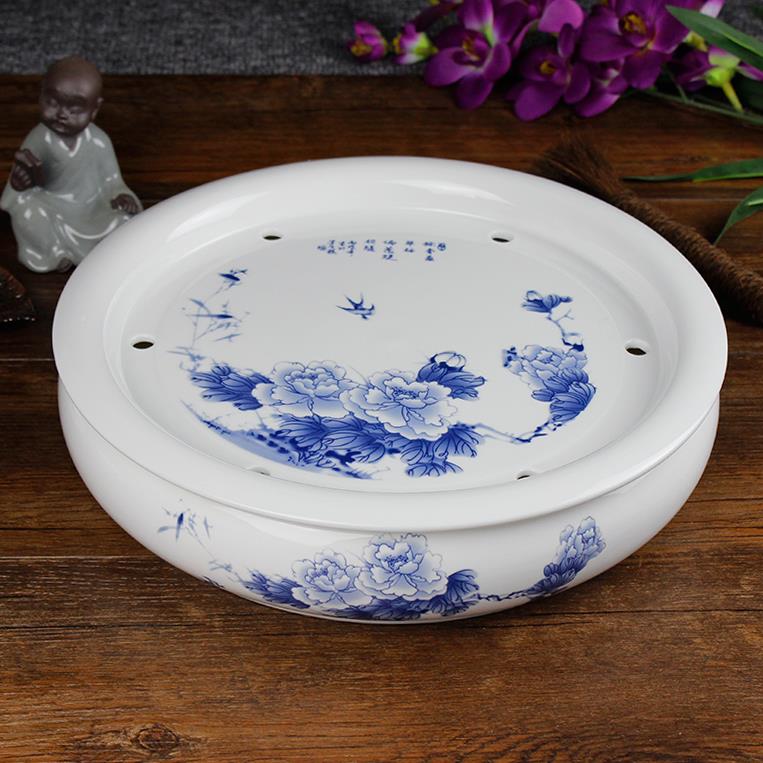 青花盘瓷大号12英寸12寸骨玉陶瓷夫茶具茶功盘圆形双家层储水用托