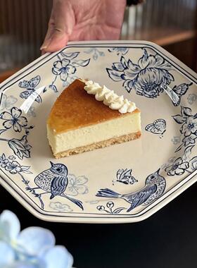 泽滕家复陶古青花意瓷TOF八角盘子西餐法生式切牛排面蛋糕披萨菜