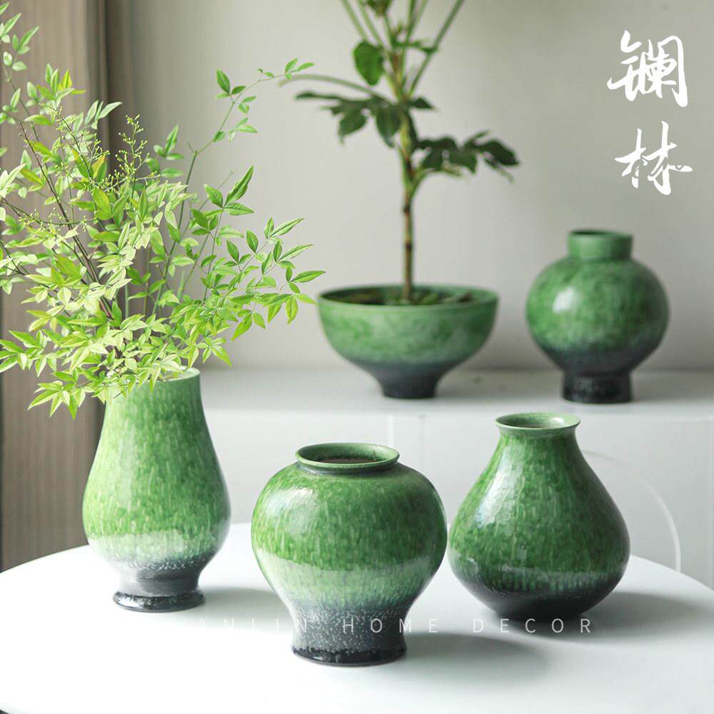 中摆式禅意意中古陶花瓶插花绿色茶室客T-134叶厅装饰件创鲜瓷花