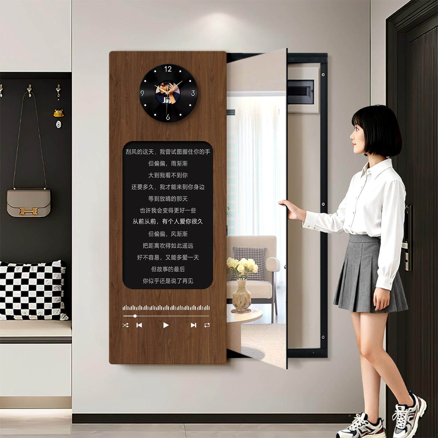 式国补玄关隐藏推拉墙上镜带钟表隐全身镜创意电表箱时光余响遮挡,家居饰品,镜面画,淘宝优惠券,粉丝福利购,淘宝优惠卷