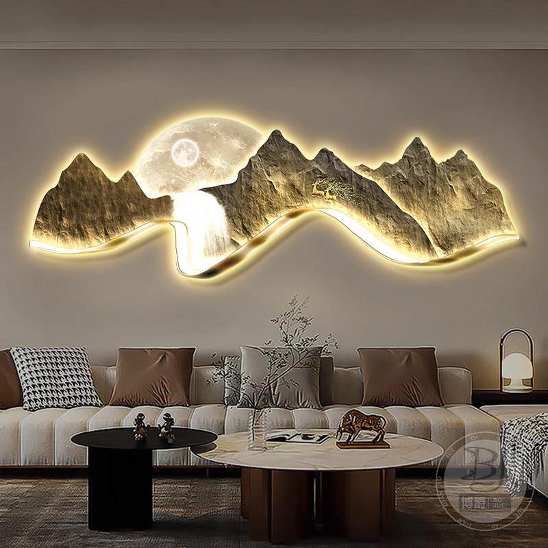 现代轻BJ--山水奢客厅装饰背画有靠山灯沙发画背景墙挂大气高级感