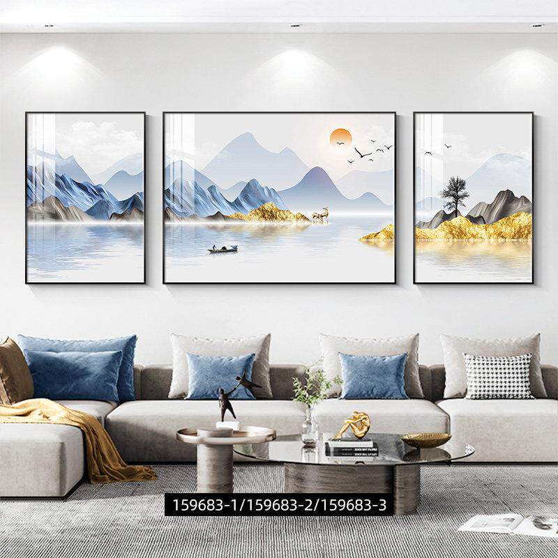 客厅装饰画轻奢沙发背景墙挂画现代简约山水画大气高端靠山三联画