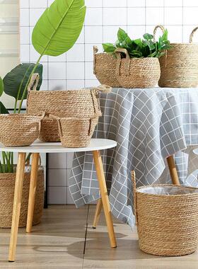 斯堪的纳维亚稻草花盆花篮藤挎包创意编织花盆插花绿色植物田园花