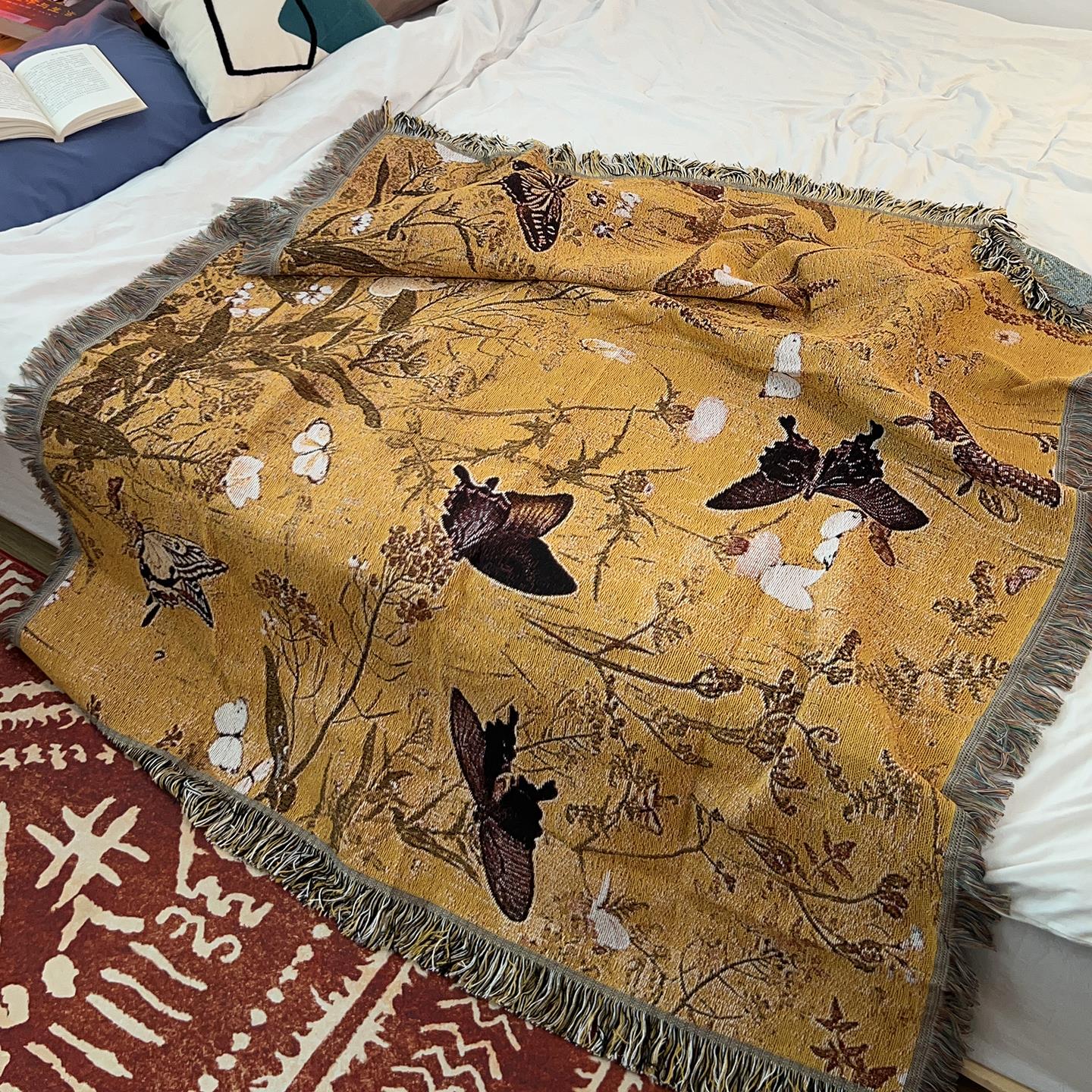 中古风蝴蝶针织毯子单人沙发毯盖巾书房书画装饰毯墙上挂毯画DIY图片