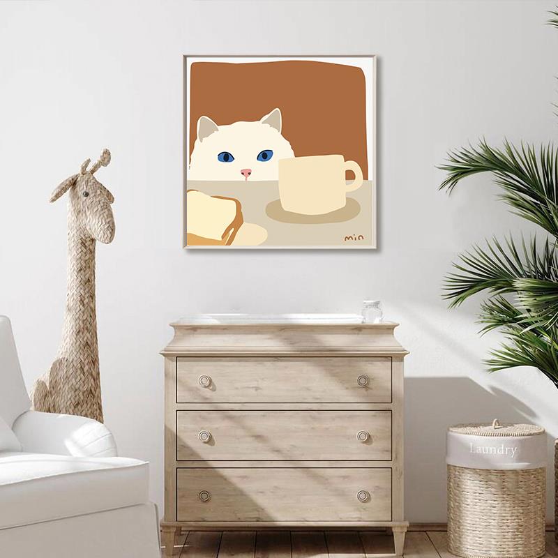 偷喝牛奶的猫咪可爱喵ins卡通儿童房挂画萌宠动物cat餐厅面装饰画图片