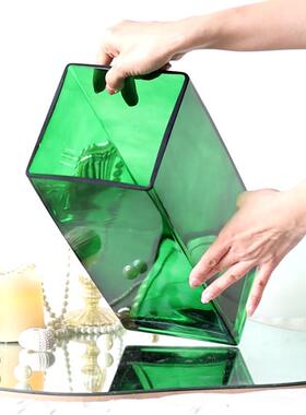 加厚绿色方形玻璃花瓶大号富贵竹水培插花方缸高级感婚礼客厅摆件