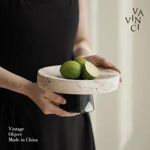 梵其侘寂风创意洞石圆形实木底托 托盘摆件简约客厅茶几餐桌果盘
