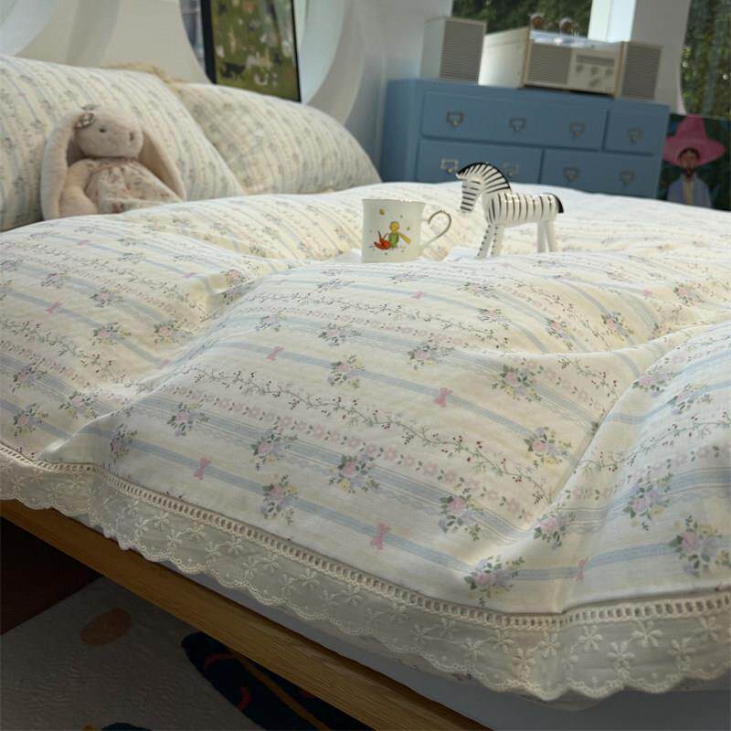 清新A类镂空花边双层纱少女碎花条纹蓝色床上四件套1.5m1.8米全棉