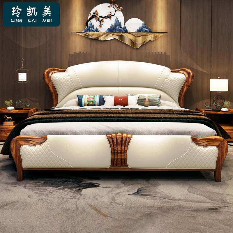 乌木奢华别墅家金具主卧现代简约真皮软靠背新中双式人C1802床婚