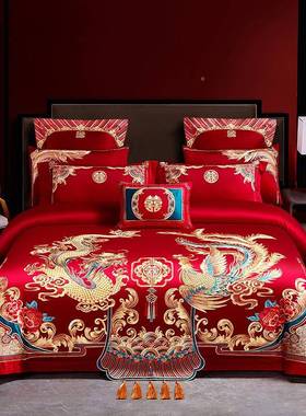 婚庆四件组大红色全棉140支嫁长结棉刺ADC绣龙凤婚房喜绒庆被床上