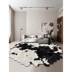 HSV不规牛皮拼接茶圆形小地毯客厅几室书卧房轻奢转椅地则垫异形