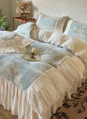 法式牛RNQ高级感绒四件套花公主风被套奶加双面珊瑚绒床裙雕冬季