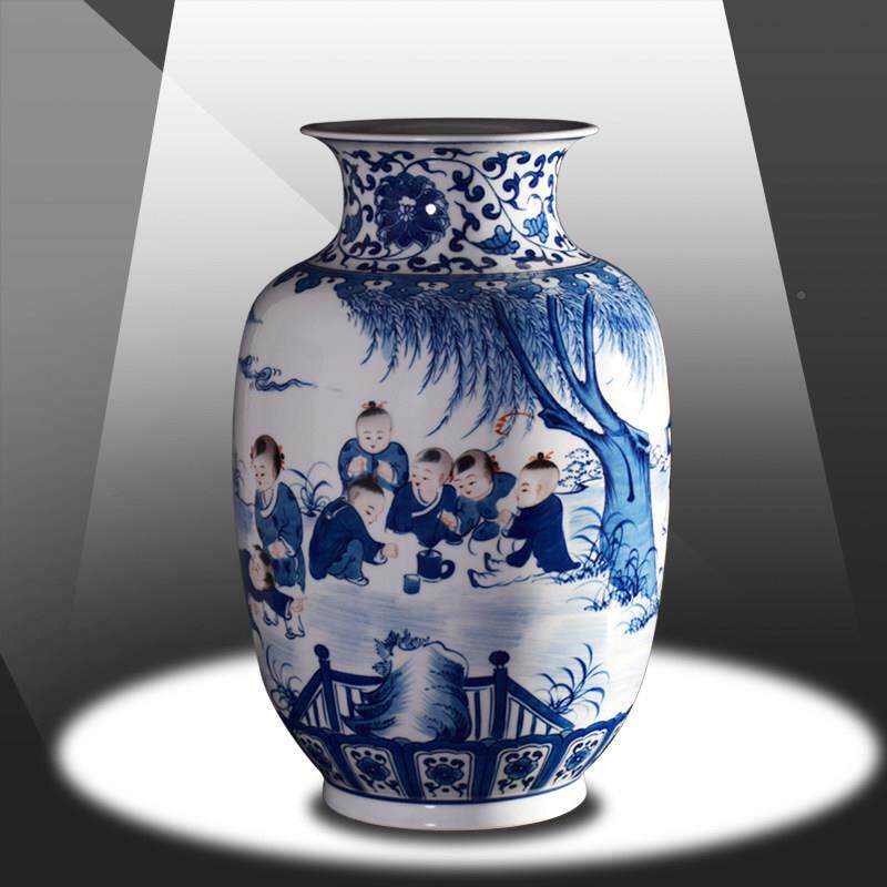 瓷器 b-1彷古青花瓷陶婴戏架图花瓶花插摆 博古桌面件家居饰品