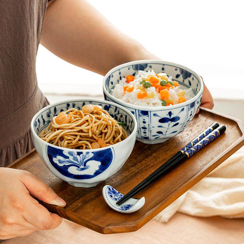 日家本用吃饭碗日RKYU式面碗款高脚碗陶瓷米新饭碗 蓝凛彩堂釉下