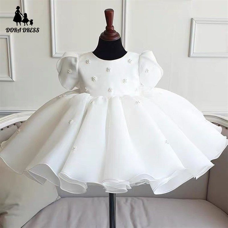 儿童礼服公主裙女童周岁生日礼服蓬蓬纱花童婚礼小女孩礼服小白裙