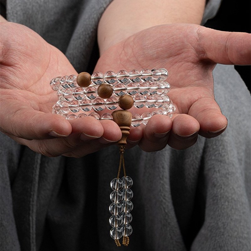 白水晶108颗佛珠手链纯天然水晶手串老山檀木念珠简约净心男女款