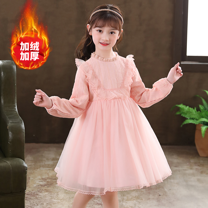 女童连衣裙秋冬装2021新款加绒保暖儿童礼服冬季加厚蕾丝公主裙子