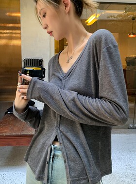 阿一 细腻顺滑 V领针织开衫女夏季新款修身灰色长袖针织衫上衣