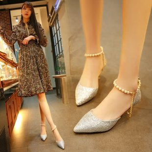 伴娘高跟鞋 銀色配禮服 鞋 子宴會百R搭學生十八歲成人 女2023新款