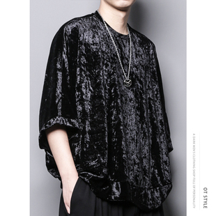 春夏暗黑系简约个性光泽感丝绒宽松圆领短袖中袖t恤体恤衫男式