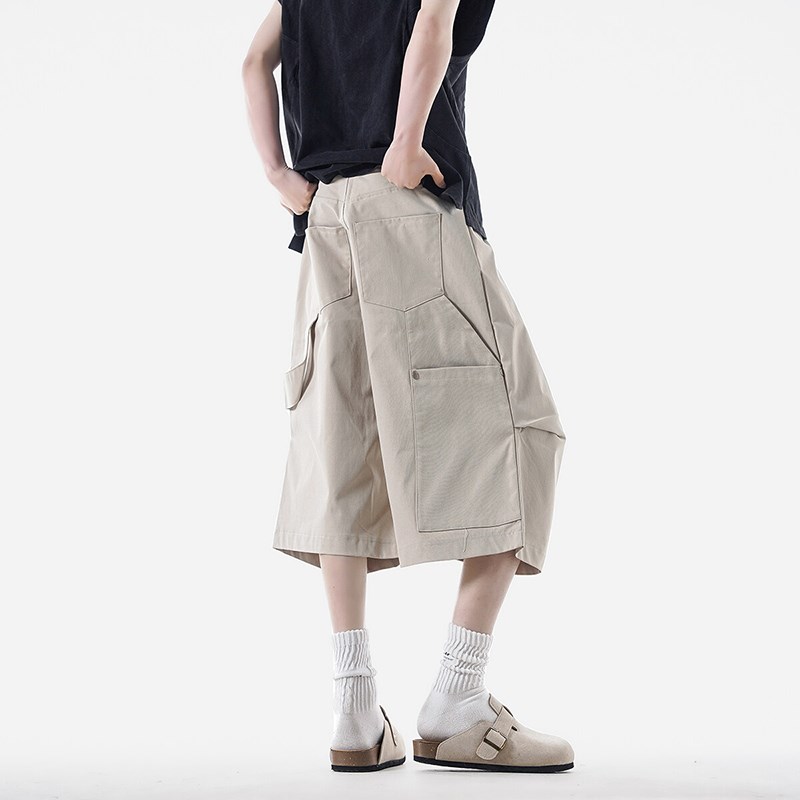 美式复古立体设计感廓形工装短裤男夏季户外宽松直筒阔腿七分裤子