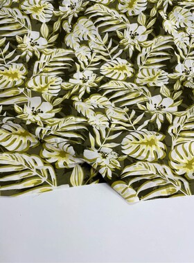 E605夏季绿色底树叶印花雪纺y布头柔软垂坠透气连衣裙上衣旗袍面