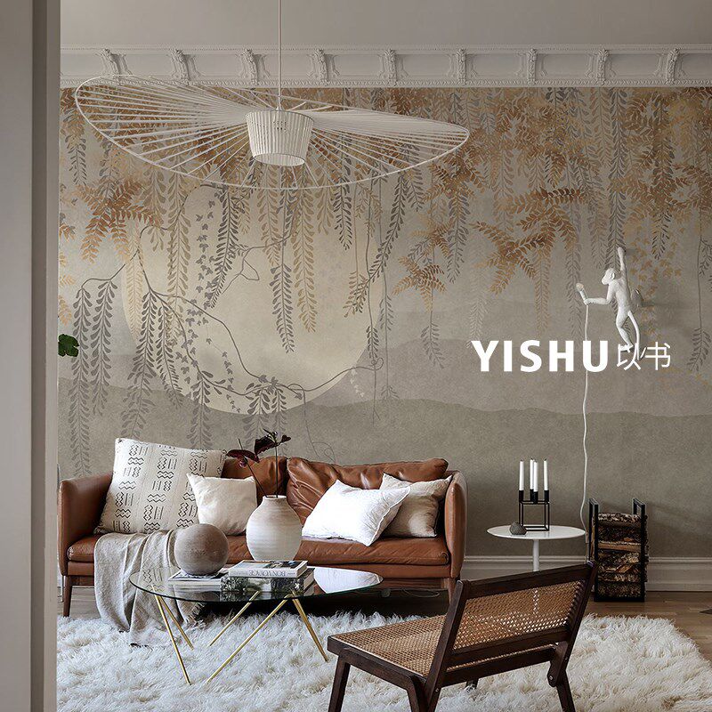 新中式电视背景墙壁纸现代别墅装饰定制壁画客厅卧室床头墙纸墙布