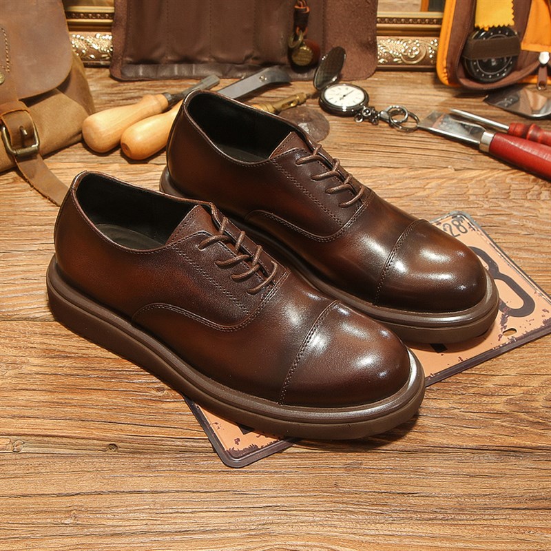 2024冬季新款休闲皮鞋男韩版真皮潮流百搭英伦风复古商务正装厚底