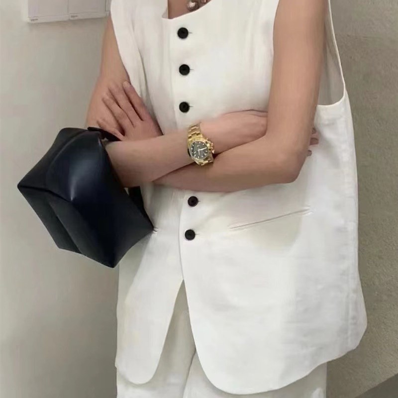 新中式100亚麻极简ROW风老钱肌理V领西装马甲休闲阔腿短裤套装女