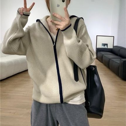 设计感小众高领拉链上衣r慵懒风宽松别致针织开衫毛衣外套女秋冬