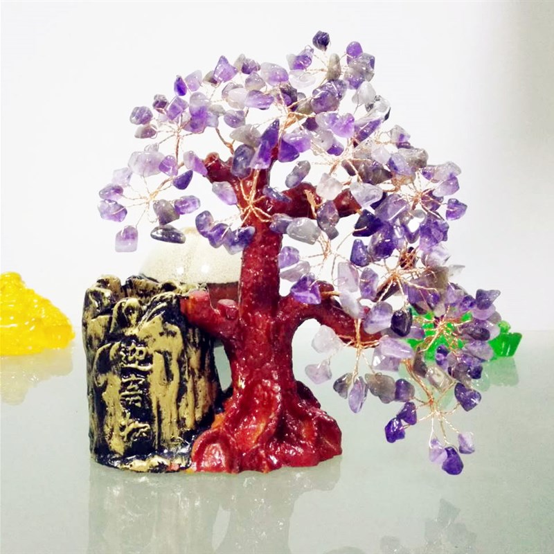 黄水晶摇钱树摆件电视柜客厅书房发财树装饰品家居工艺品笔筒座