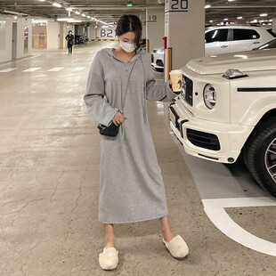 韩版宽松休闲打底T恤长裙女长款过膝显瘦连帽卫衣连衣裙百搭裙子